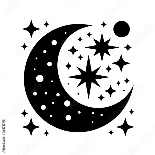 Crescent moon with stars in magical vector silhouette