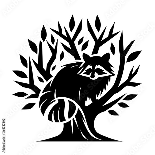 Raccoon sitting in tree silhouette black vector