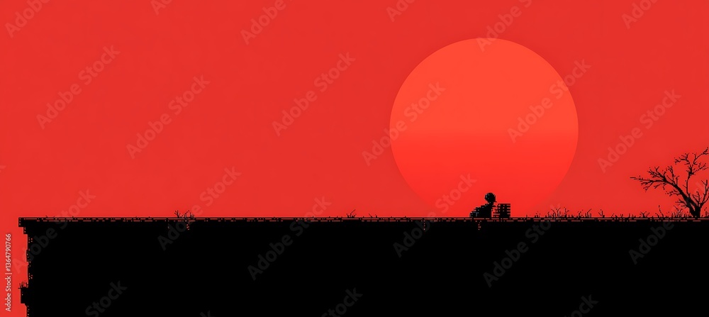 Fototapeta premium A silhouette of a person and a large red setting sun