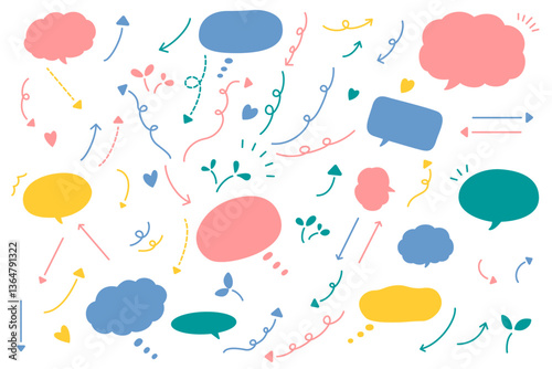 カラフルでかわいい吹き出しと矢印のセット