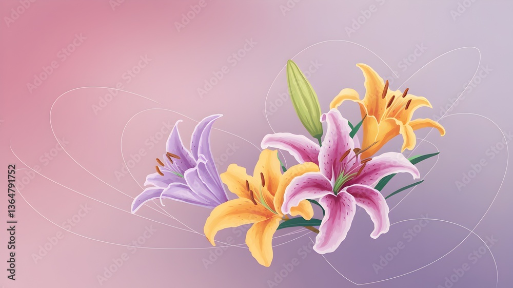 Obraz premium A colorful lily illustration with a soft pink color background.