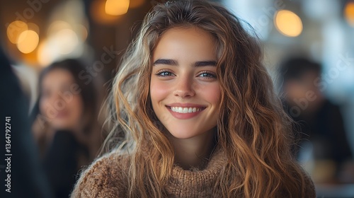 Wallpaper Mural Smiling woman in cafe, warm lighting, blurred background Torontodigital.ca