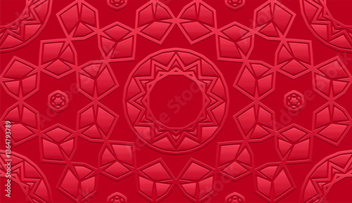 Geometric satin red background, tribal cover design, ethnic banner for design. Embossed 3D pattern. Relief texture. Ornaments, arabesques, mandala of the East, Asia, India, Mexico, Aztec, Peru.