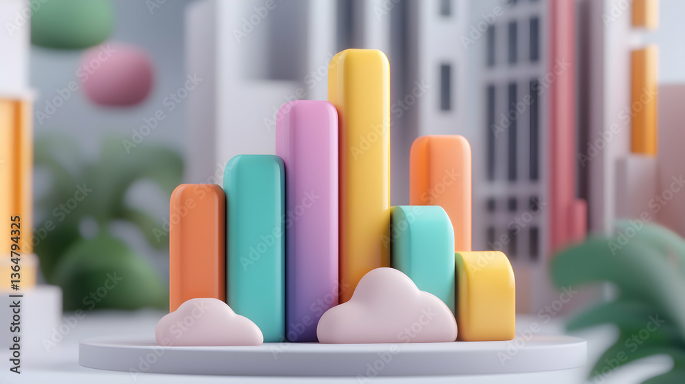 Pastel Colored 3D Bar Chart Illustration Against Cityscape Background Pastel Colored 3D Bar Chart Illustration Against Cityscape Background