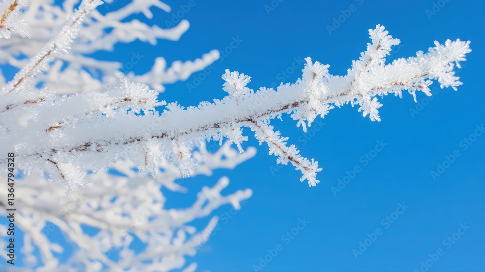 Frost Covered Branch Against Blue Sky Winter Scene Frost Covered Branch Against Blue Sky Winter Scene