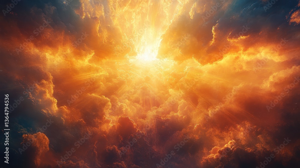 Fototapeta premium Dramatic sunset sky with vibrant orange and yellow clouds and glowing sunbeams