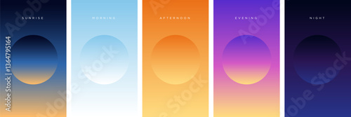 Sunrise to sunset colorful gradients background set. Smooth blurred wallpaper set in pink, blue, purple colors. Abstract night or evening sky horizon backdrop. Vector illustration