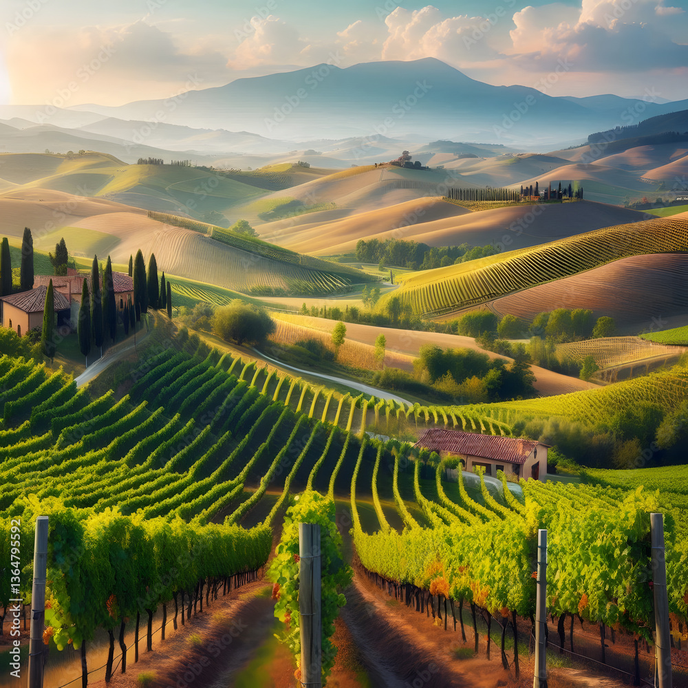 Fototapeta premium Sunlight bathes a vineyard nestled in rolling hills, distant mountains fade into the horizon
