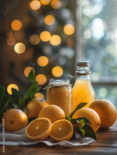 In the background, a blurred composition includes an orange, a jar of jam, and a milk bottle, elements for a breakfast or brunch setting
