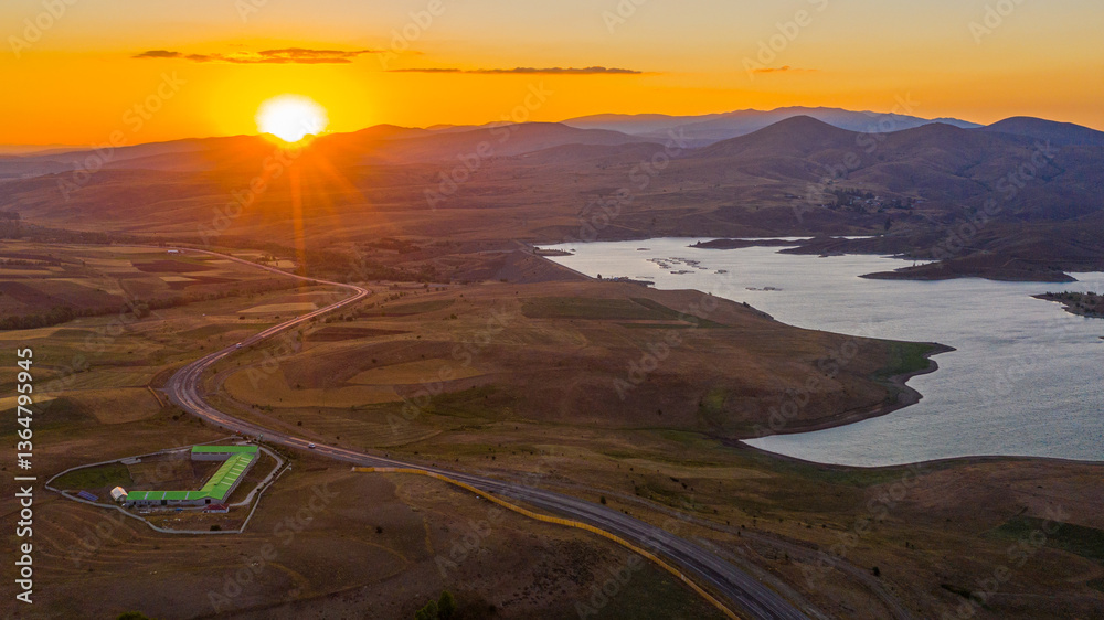 Fototapeta premium Aerial view of dam at sunset Imranli, Sivas, Turkey
