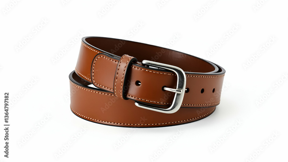 Brown Belt on White Background: Fashion Accessory Close-Up Shot Brown Belt on White Background: Fashion Accessory Close-Up Shot