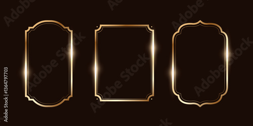 Golden Frames for wedding invitation. Golden frames with shine effect in art deco style. Thin line oval and rectangle set for invitation decoration.