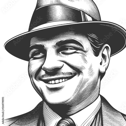 Mafioso smiling man wearing fedora hat and a suit, exuding confidence and a vintage, stylish look sketch engraving generative ai vector illustration. Scratch board imitation. Black and white image.