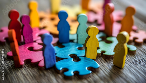 Colorful wooden figures represent diverse people connecting on jigsaw pieces. Teamwork, diversity concept visualizes HR strategies for inclusive workplace cultures. Different colored figures connect