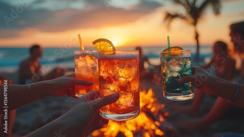 Sunset Beach Bonfire, Friends Toast Drinks