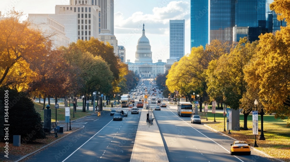 Avenue view lined with architectural structures.