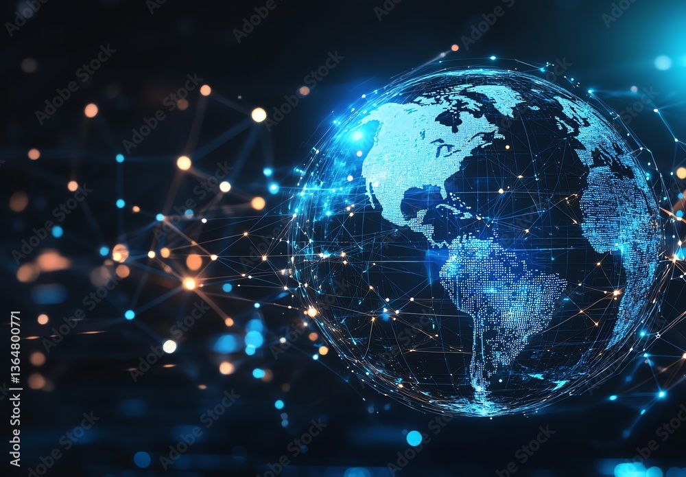 Fototapeta premium Global Network Connection with Digital Earth Technology and Glowing Light Effect