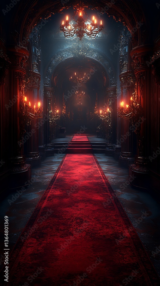 Dimly Lit Grand Hall with Red Carpet and Chandeliers Dimly Lit Grand Hall with Red Carpet and Chandeliers