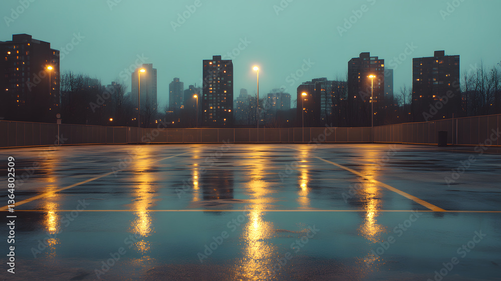 Obraz premium A sprawling, empty parking lot sits beneath the fading twilight, its asphalt slick from fresh rain. The glowing streetlights create golden halos on the pavement, while reflections of towering