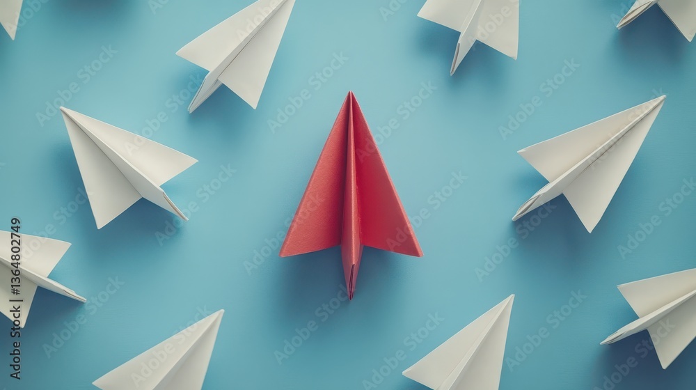Red paper airplane stands out among white paper planes on blue background