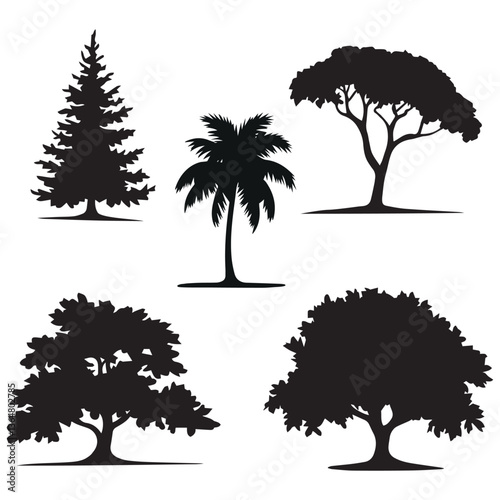 Tree Vector Design, Silhouette Tree Vector Set, Pine, Palm, Oak, and Acacia Tree Vector Design.