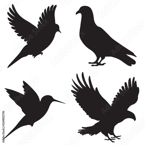 Bird Silhouette Vector Set, Flying, Perched And Hunting Birds, Wildlife And Nature Clipart.