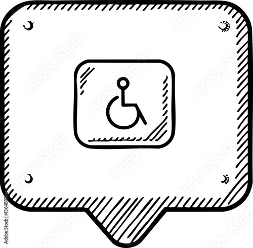 A sketched speech bubble featuring a wheelchair accessibility symbol, highlighting inclusivity and accessibility for individuals with disabilities.