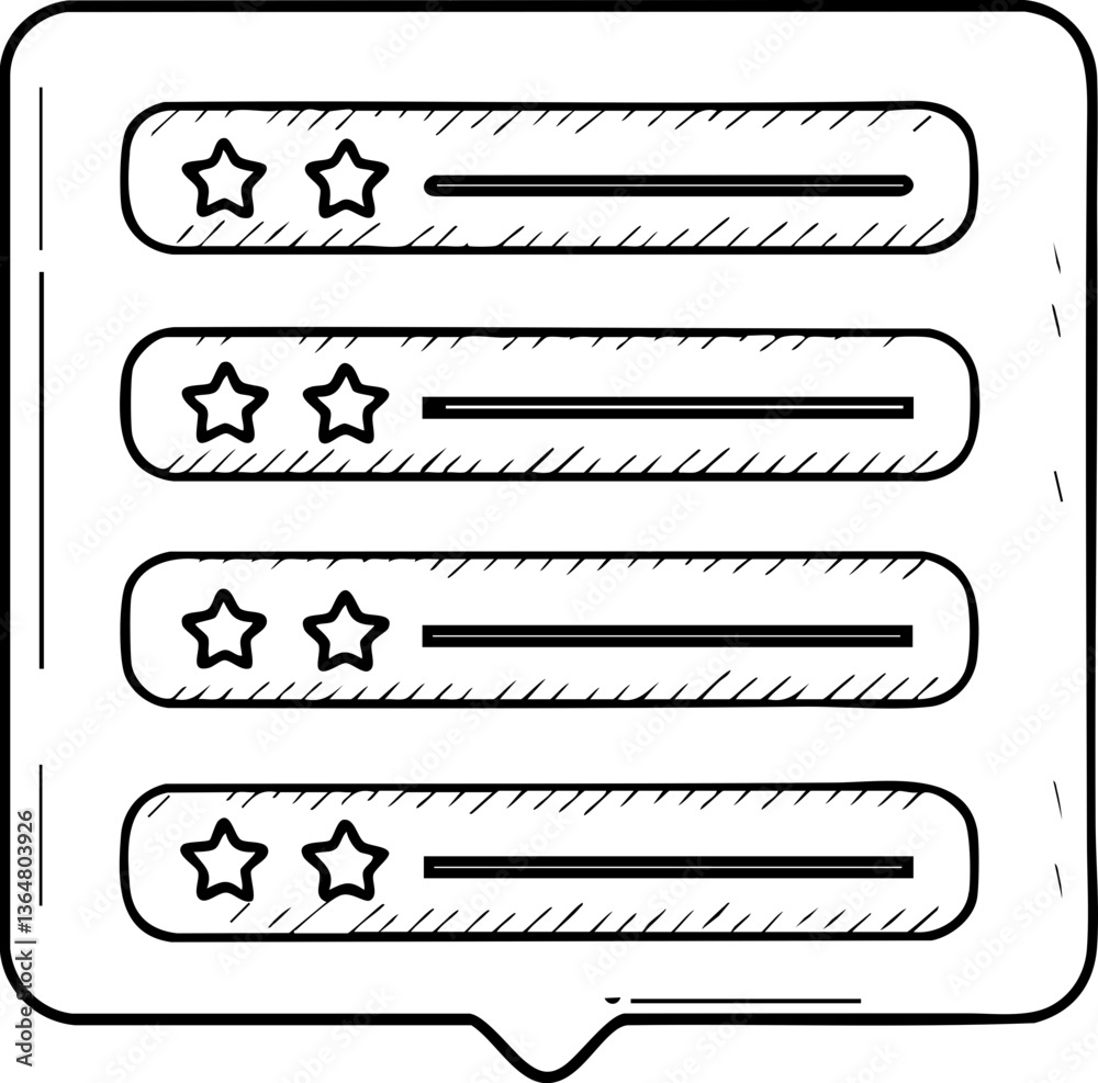 A speech bubble graphic featuring five-star rating lines, suggesting a review or feedback format. A speech bubble graphic featuring five-star rating lines, suggesting a review or feedback format.