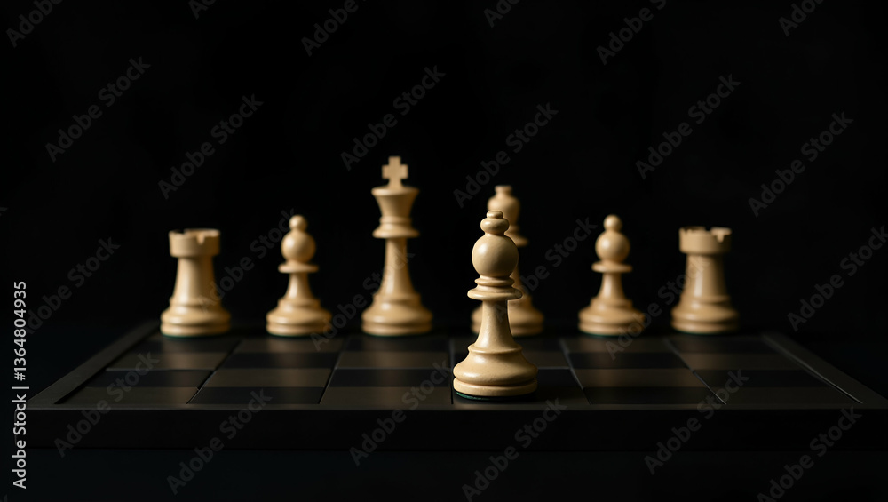 Flat Chessboard with Chess Pieces on Black Background: A Symbol of Leadership and Strategy in Business Flat Chessboard with Chess Pieces on Black Background: A Symbol of Leadership and Strategy in Business