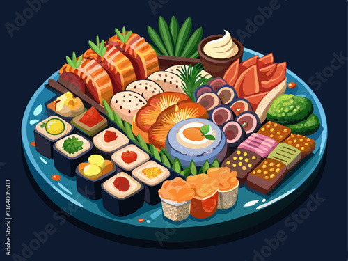 A beautifully arranged sushi platter, placed on a black background