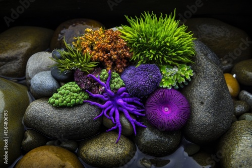 A coastal tide pool filled with colorful marine life, nestled between smooth, weathered rocks
