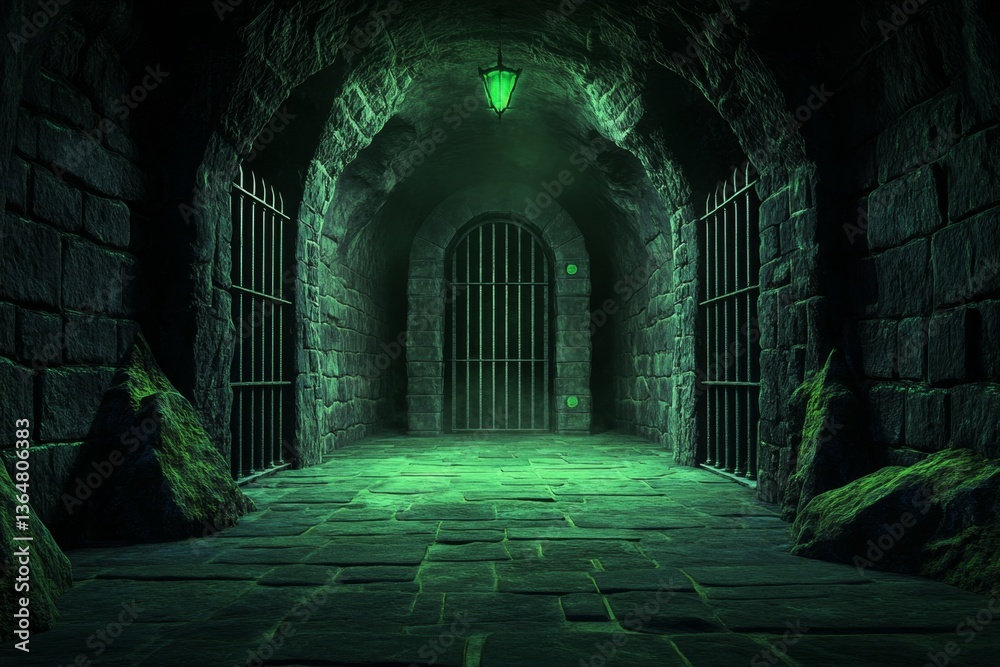 Fototapeta premium A cold underground prison with rusty metal bars, glowing green moss, and mysterious carvings on the walls