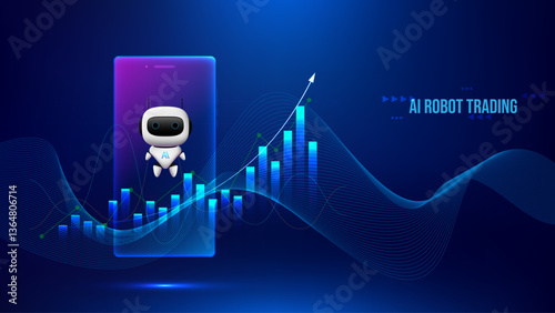 AI robot trading on phone screen with rising stock market graph, artificial intelligence in financial markets. Business and technology banner template design. Vector illustration.