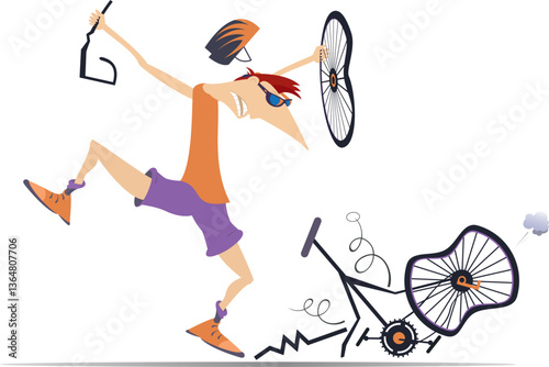 Cyclist and a broken bike. 
Upset cyclist standing near a broken bike. White background
