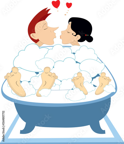 Love couple rendezvous in the bath. 
Heart symbols. Young man and woman take a bath and kiss one another. White background
