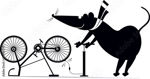 Cycling rat or mouse and a broken bicycle. 
Cartoon rat or mouse inflates the wheel of the bicycle. Sportsperson repairs the bicycle. Black and white illustration

