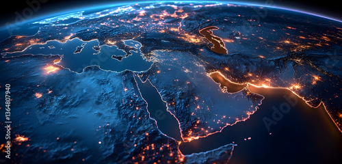 Fototapeta Naklejka Na Ścianę i Meble -  Hyper realistic digital map of Saudi Arabia, MENA region shows global network, connectivity. Blue planet earth continent, worldwide international web connection. Data transfer tech, communication,