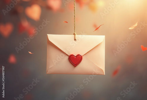 Heart-shaped envelope floating amidst love-themed background  
