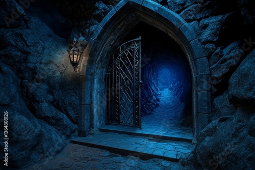 A dark medieval dungeon corridor, with heavy iron gates slightly ajar, revealing a deep mysterious passageway