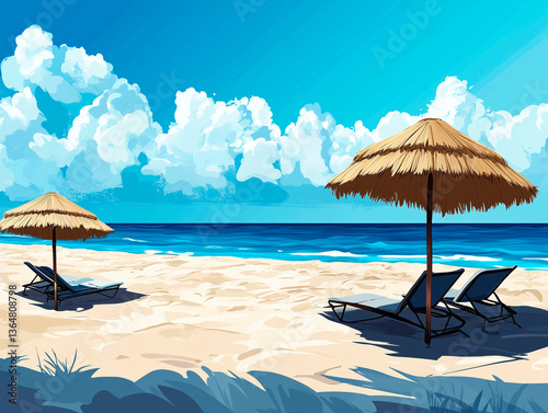 Illustration of a beach with beach umbrellas and sun loungers, with blue water in the sea