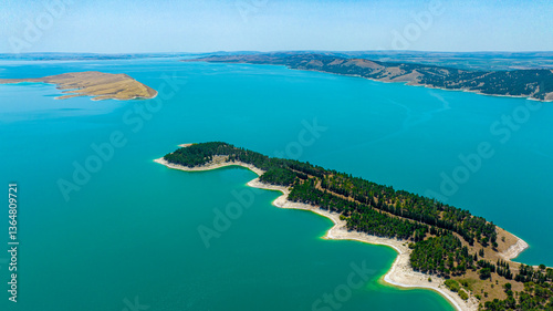 Wallpaper Mural Aerial view of lush green peninsula and shoreline of Ataturk Dam Bozova Sanliurfa Birecik Turkey Torontodigital.ca