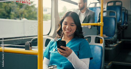 Foto Bus, nurse and woman with smartphone, commute and communication with public transport
