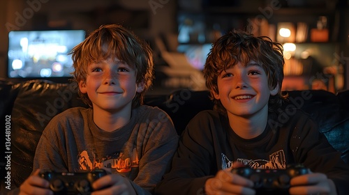 Two boys playing video games at home at night