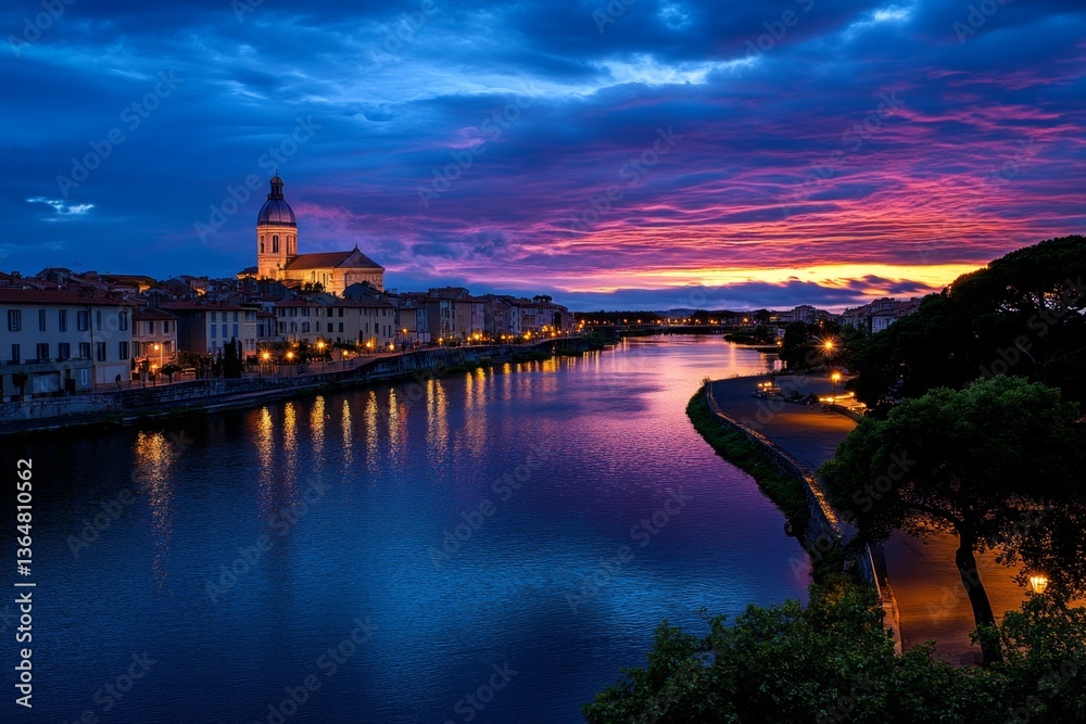 Fototapeta premium A dreamy watercolor sunset over Arles, blending soft pinks, blues, and oranges into the river and rooftops
