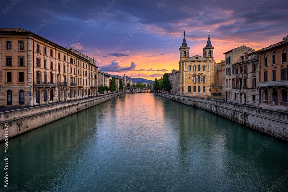 Fototapeta premium A dreamy watercolor sunset over Arles, blending soft pinks, blues, and oranges into the river and rooftops