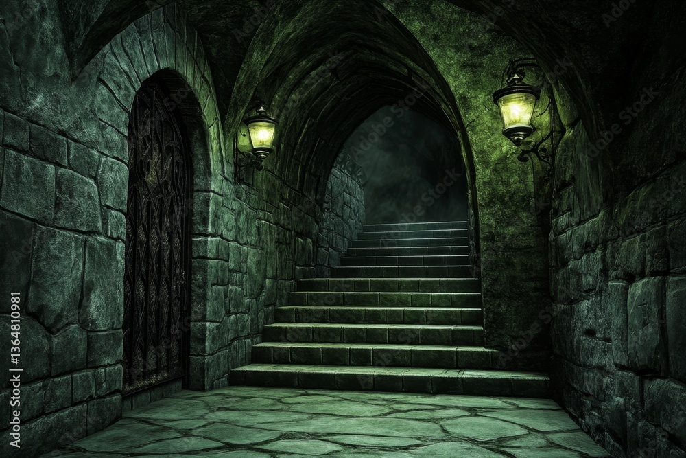 Fototapeta premium A dungeon filled with thick fog, where shadowy figures seem to lurk just beyond the visibility of the torchlight