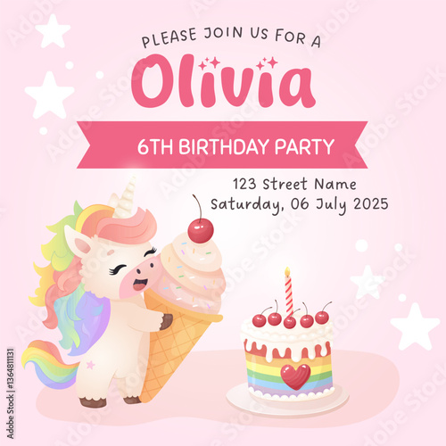 Adorable birthday party invite featuring a rainbow unicorn holding an ice cream