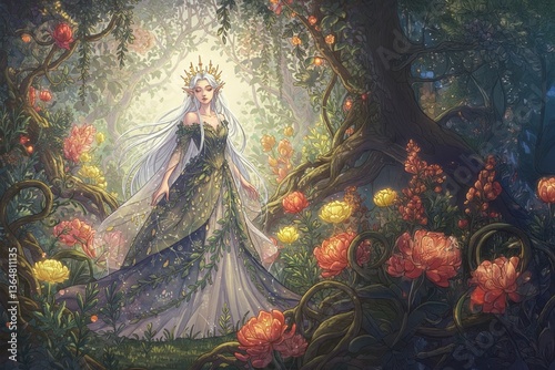 Ice queen stands in a snowy, magical forest, adorned in crystals. Ethereal and serene, with a fantasy vibe.
