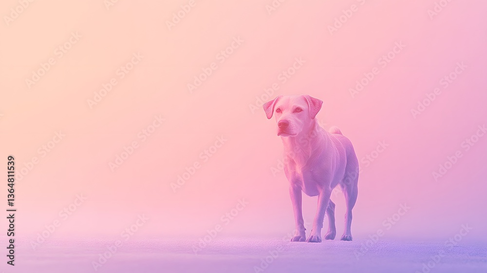 Naklejka premium Dog in dreamy pastel fog, playful puppy standing in ethereal misty landscape, perfect for calming backgrounds.