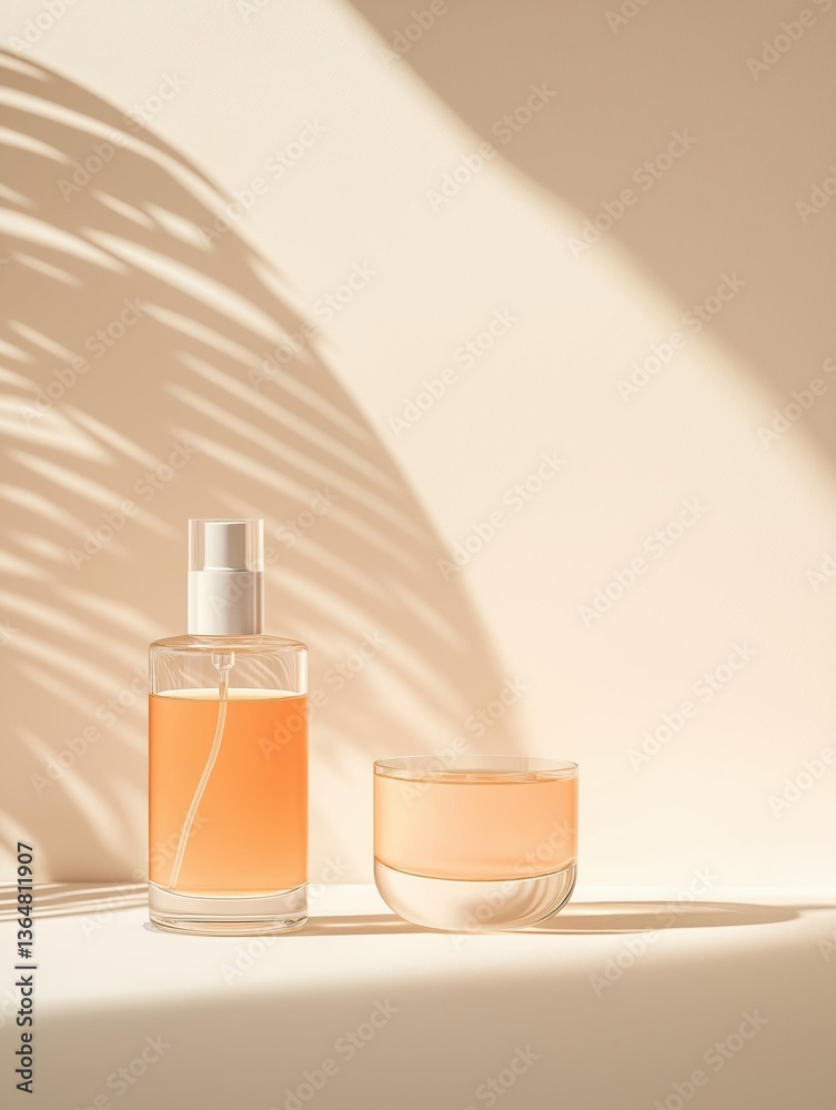 Naklejka premium Perfume bottle and a small glass bowl on a white surface. the perfume bottle is on the left side of the image and the glass bowl is in the center.